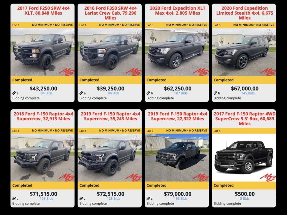 A screenshot of the Ford vehicles auctioned off that were previously owned by Kanye West.