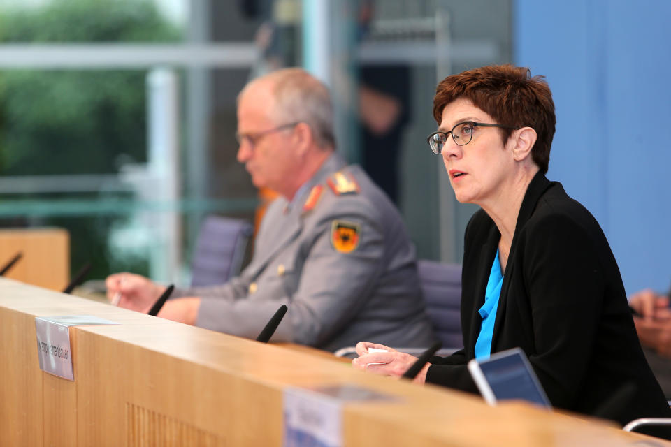 BERLIN, GERMANY - JULY 01: German Defense Minister Annegret Kramp-Karrenbauer and General Eberhard Zorn, Chief of Staff of the Bundeswehr, the German armed forces, speak to the media over restructuring the KSK, the Bundeswehr's elite special forces unit, on July 1, 2020 in Berlin, Germany. Kramp-Karrenbauer recently announced she plans to restructure the KSK, including disbanding one of its four units, following the revelation of a deep-seated far-right influence among a number of members. The KSK has 1,400 soldiers and has fought in anti-terrorism operations abroad, including in Afghanistan. (Photo by Mika Schmidt - Pool/Getty Images)