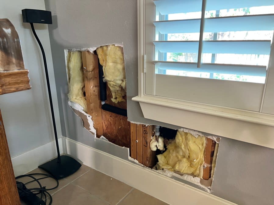 Holes in Perry's living room (KXAN Photo/Mike Rush)