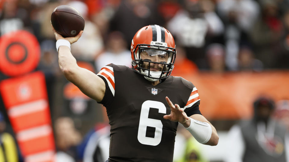 Cleveland Browns quarterback Baker Mayfield throws during the first half of an NFL football game against the Arizona Cardinals, Sunday, Oct. 17, 2021, in Cleveland. (AP Photo/Ron Schwane)