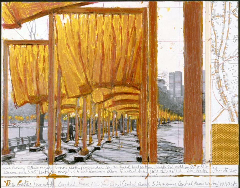 Christo’s 2004 drawings for “The Gates” in New York’s Central Park are on display at the Piero Atchugarry Gallery.