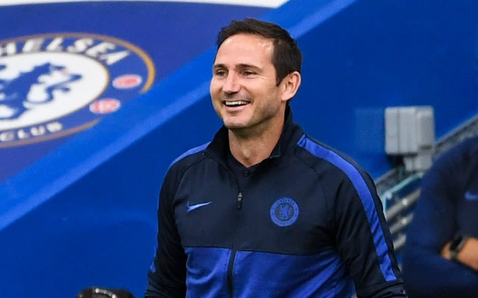 Frank Lampard smiling on the sidelines - Chelsea chairman hails Frank Lampard's 'very successful' first season at Stamford Bridge - NMC POOL