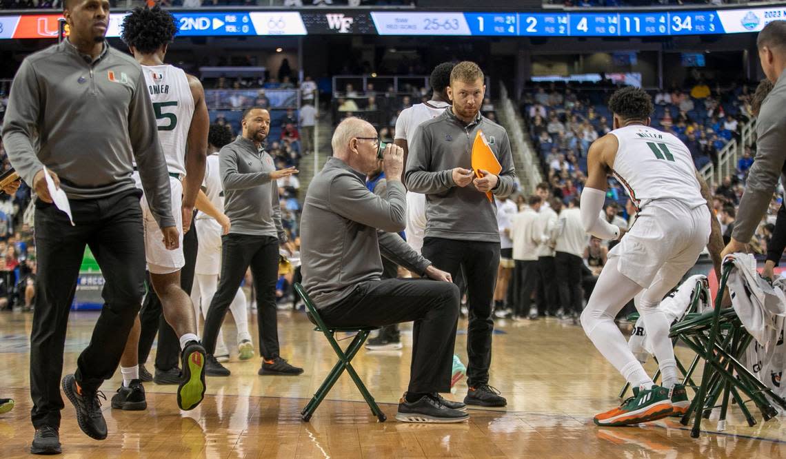 Miami coach Jim Larrañaga takes a sip of water before leaving the huddle following a time out in the second half against Wake Forest in the third round of the ACC Tournament on Thursday, March 9, 2023 at the Greensboro Coliseum in Greensboro, N.C.