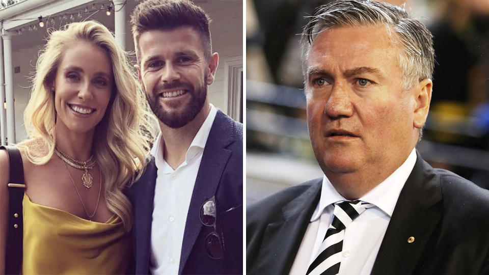 A 50-50 split image shows Trent and Brooke Cotchin on the left in a shot from Instagram, and Collingwood's Eddie McGuire on the right.