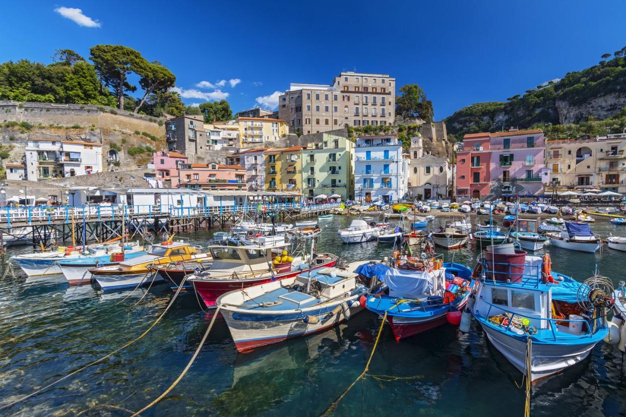 small fishing boats at harbor marina grande in sorrento, campania, amalfi coast, italy