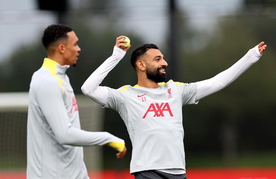 Mohamed Salah and Trent Alexander-Arnold in Liverpool training (Photo by Jan Kruger/Getty Images)