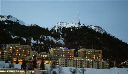 A night view shows the Kulm Hotel in the Swiss mountain resort of St. Moritz January 24, 2008. REUTERS/Arnd Wiegmann