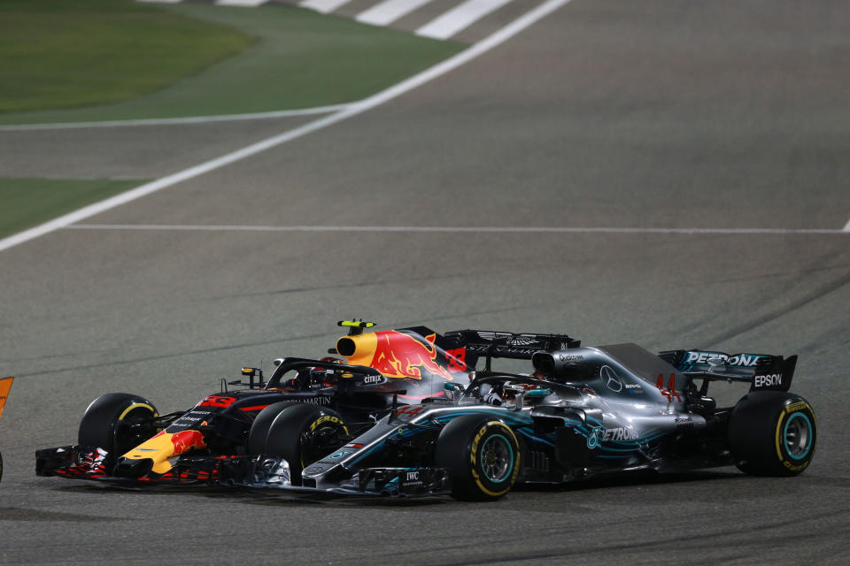 Squeezy does it: Max Verstappen gets his elbows out in the tussle with Lewis Hamilton that put the Red Bull out of the race