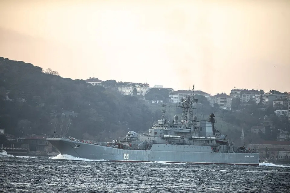 Russian warship Caesar Kunikov sails near the coast in Istanbul Turkey