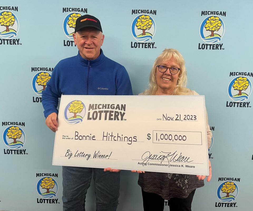 Bonnie Hitchings, right, recently won $1 million on a Michigan Lottery Cashword Times 20 instant game ticket.