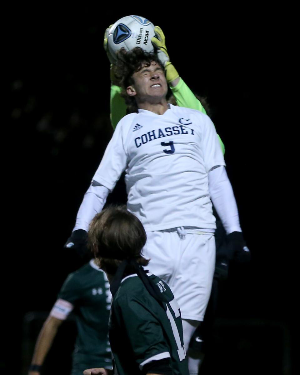 Cohasset's Nathan Askjaer is inches away from getting a head on the ball on a corner kick during first half action of their Round of 16 game against Abington in the Division 4 state tournament at Abington High on Wednesday, Nov. 9, 2022. Cohasset would win 3-2 in OT. 