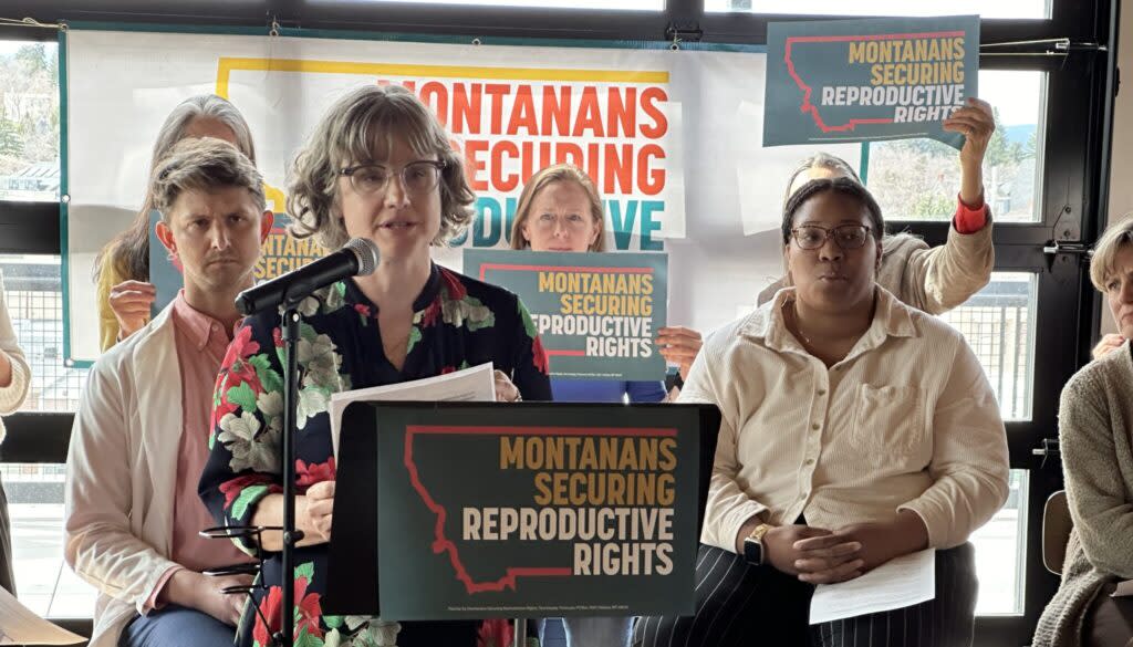 Martha Fuller, CEO and president of Planned Parenthood Advocates of Montana, addresses supporters at Montanans Securing Reproductive Rights’ kick-off event