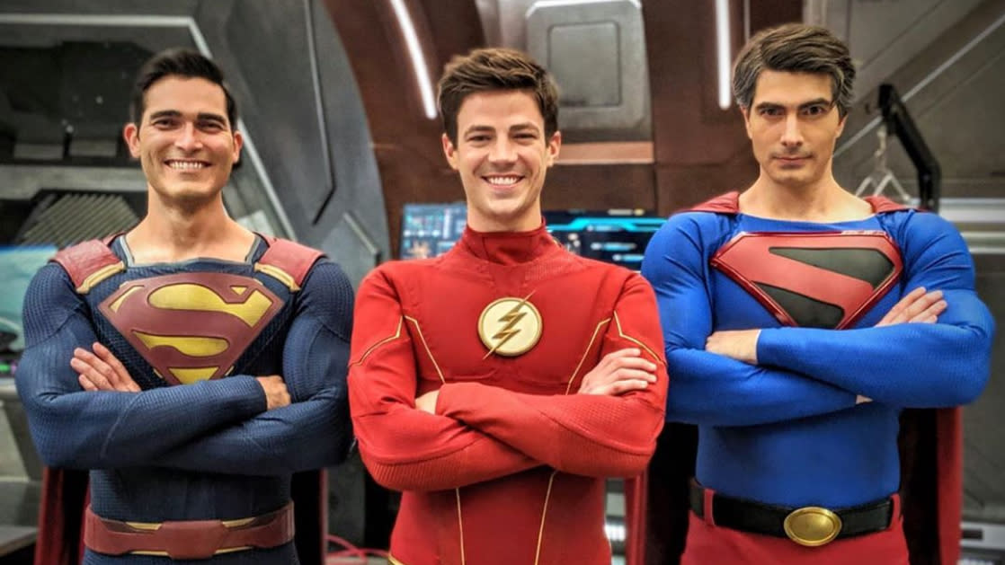 Tyler Hoechin, Grant Gustin and Brandon Routh suit up for Arrowverse crossover event 'Crisis On Infinite Earths'. (Credit: Instagram/Brandon Routh)