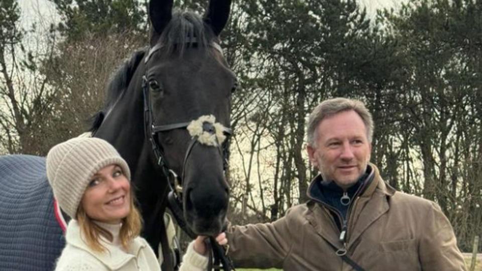 Geri Halliwell-Horner and Christian Horner with a black horse