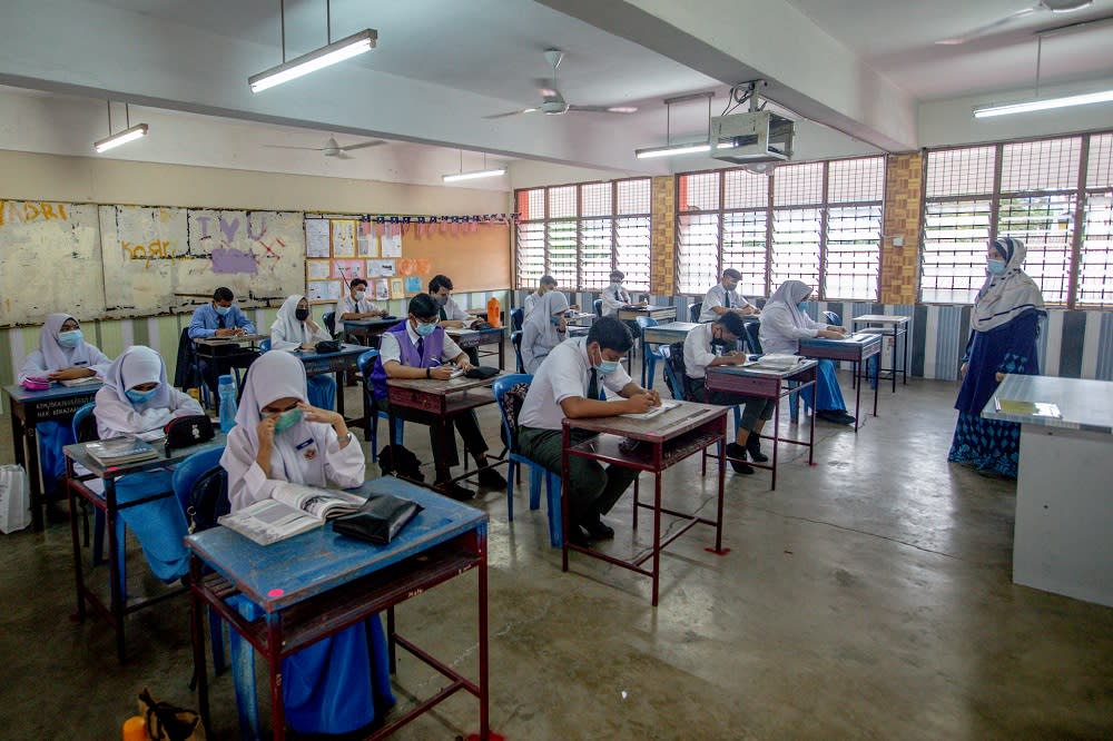 Social distancing is observed in the classroom at SMK Lembah Keramat Jaya in Kuala Lumpur in this file picture taken on June 24, 2020. ― Picture by Firdaus Latif