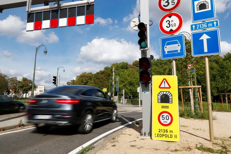 A road sign is pictured at the entrance of the Leopold II tunnel, named after former Belgian King, in central Brussels