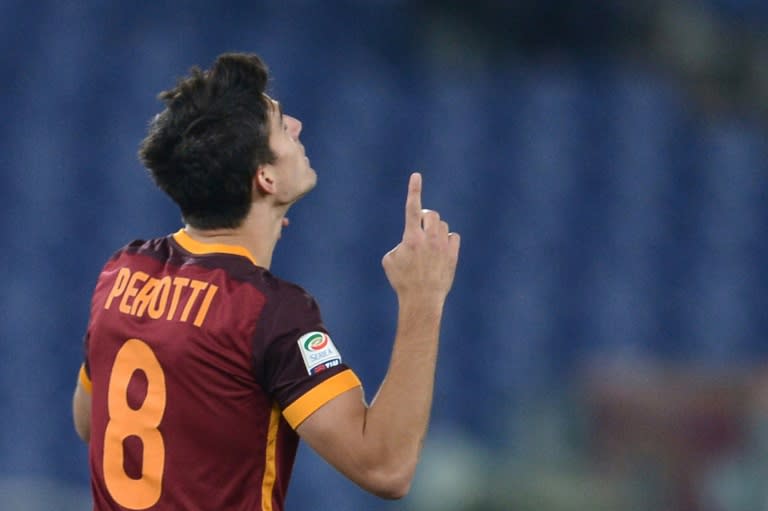 Roma's midfielder Diego Perotti celebrates after scoring during an Italian Serie A football match against Sampdoria at the Olympic Stadium in Rome on February 7, 2016