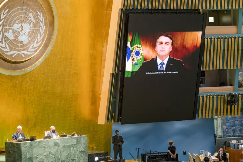 President of Brazil Jair Bolsonaro speaks during the 75th annual U.N. General Assembly