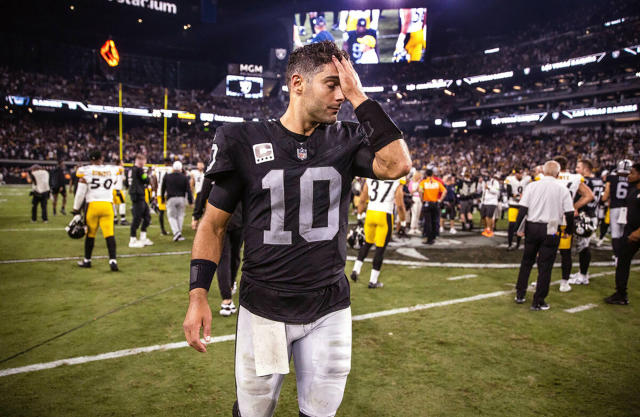 Jimmy Garoppolo of the Las Vegas Raiders looks on prior to the News  Photo - Getty Images