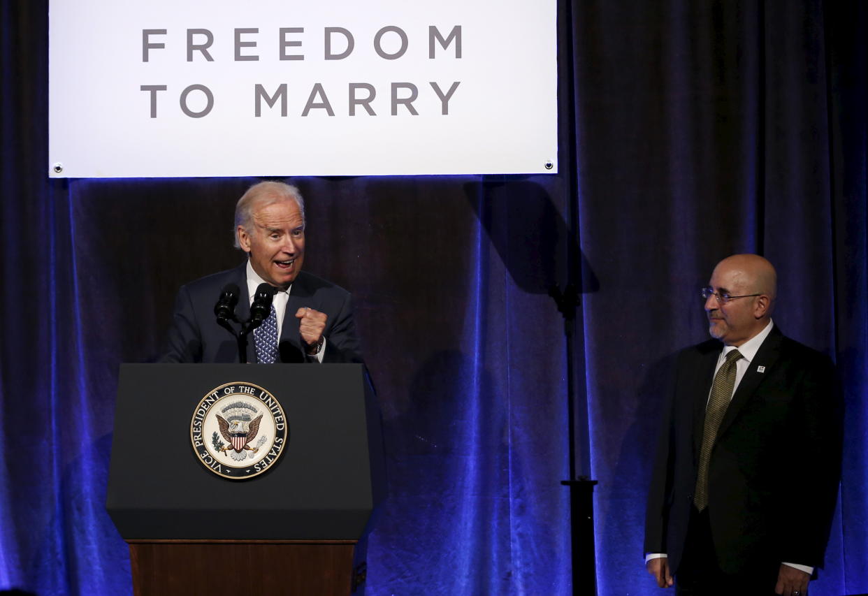 Vice President Joe Biden speaking at a Freedom to Marry gala celebrating the legalization of same-sex marriage nationwide, in 2015. At right is Freedom to Marry founder and President Evan Wolfson. (Photo: Reuters/Mike Segar)