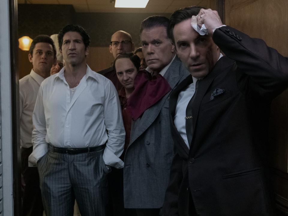 Billy Magnussen, Jon Bernthal, Corey Stoll, John Magaro, Ray Liotta, and Alessandro Nivola in "The Many Saints of Newark."