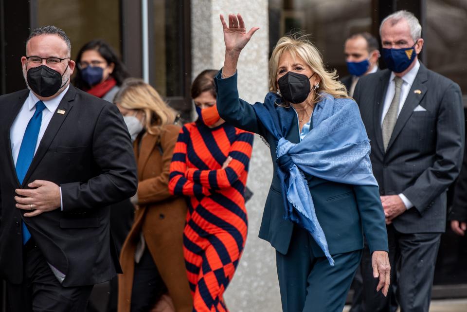 First Lady Jill Biden visits Bergen Community College in Paramus on Thursday Jan. 20, 2022. Biden waves as she arrives with U.S. Secretary of Education Miguel Cardona, Tammy Murphy and Gov. Phil Murphy.