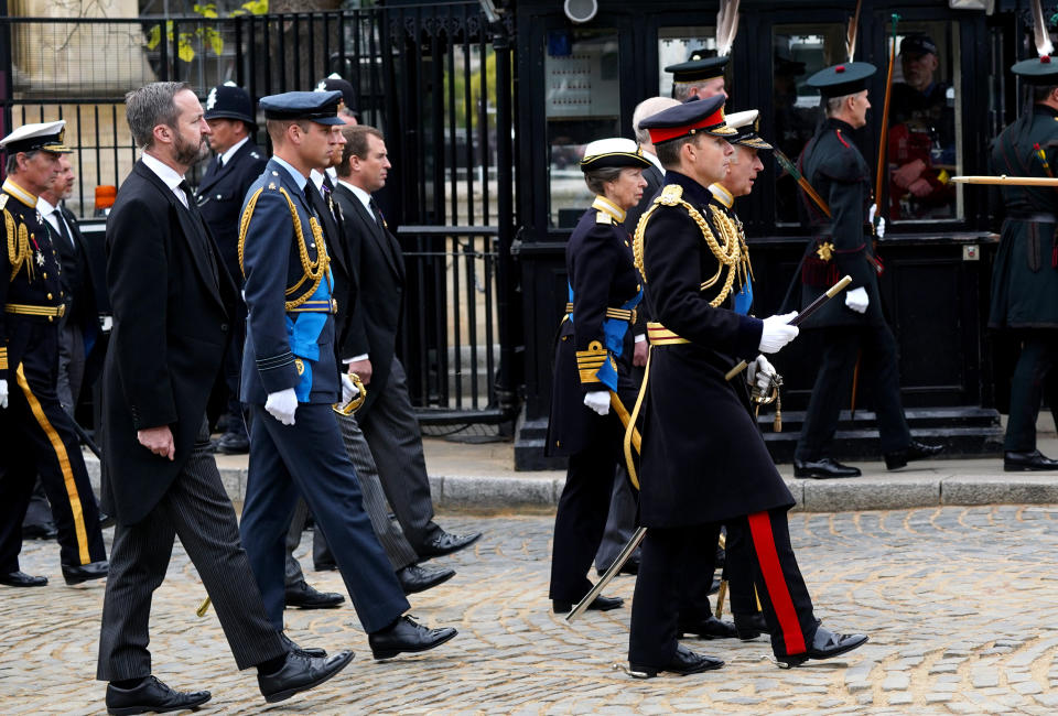 King Charles III, the Princess Royal, the Duke of York and the Earl of Wessex followed by the Prince of Wales and the Duke of Sussex as the coffin of Queen Elizabeth II leaves Westminster Hall for the State Funeral at Westminster Abbey, London. Picture date: Monday September 19, 2022.