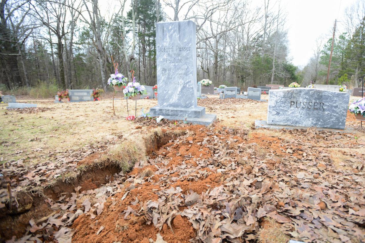 The recently exhumed grave site of Pauline Pusser photographed at Adamsville Cementery in Adamsville, Tenn., on Thursday, Feb .8, 2024.