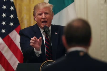 U.S. President Donald Trump speaks during a joint news conference with Italy's President Sergio Mattarella at the White House in Washington