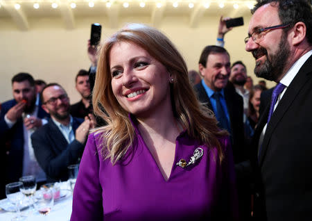 Slovakia's presidential candidate Zuzana Caputova waits for the election results at the party's headquarters in Bratislava, Slovakia, March 30, 2019. REUTERS/Radovan Stoklasa