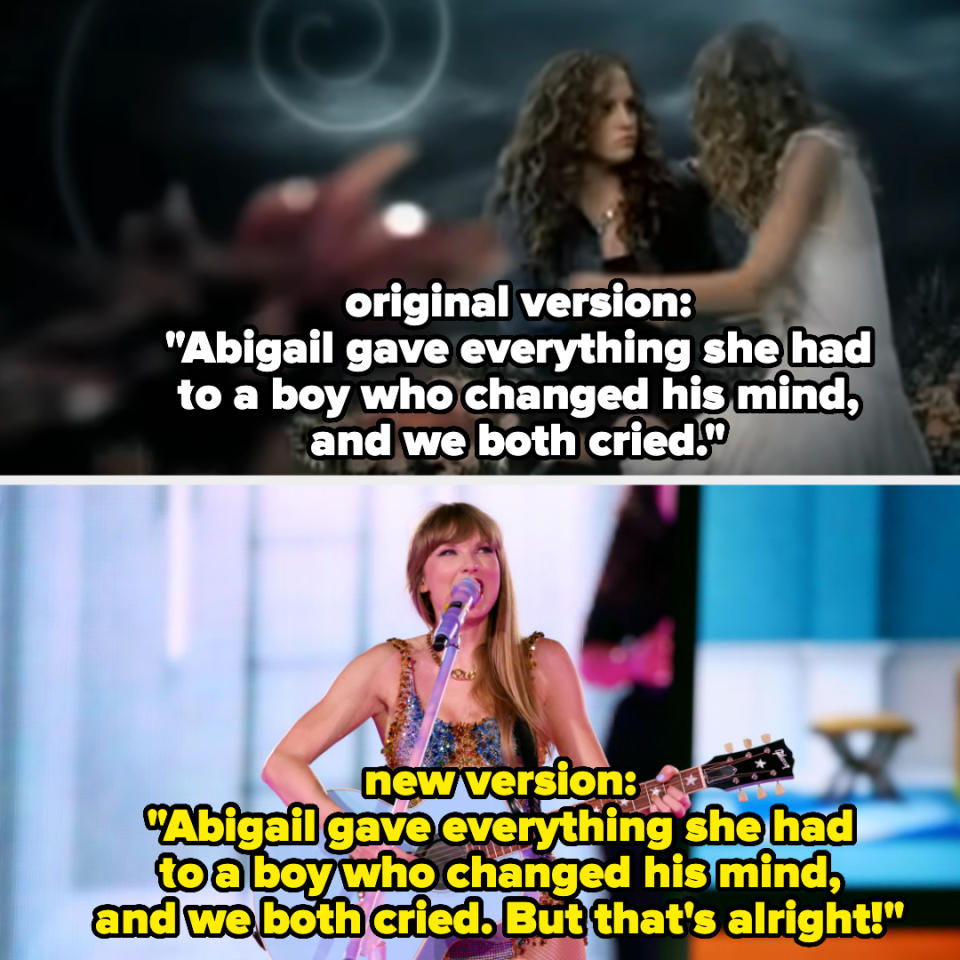 original version: "we both cried," new version: "we both cried, but that's alright"