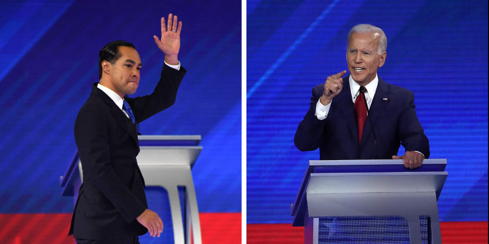 Democratic presidential hopeful former housing secretary Julian Castro and Democratic presidential candidate former Vice President Joe Biden | Robyn Beck—AFP/Getty Images; Win McNamee—Getty Images