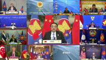 In this image released on Tuesday, Oct. 26, 2021 by Brunei ASEAN Summit, Chinese Premier Li Keqiang, center, speaks in the virtual ASEAN-China Summit on the sidelines of the Association of Southeast Asian Nations (ASEAN) summit with the leaders member​ states in Bandar Seri Begawan, Brunei. Southeast Asian leaders began their annual summit without Myanmar on Tuesday amid a diplomatic standoff over the exclusion of the leader of the military-ruled nation from the group's meetings. An empty box of Myanmar is seen at bottom second from right. (Brunei ASEAN Summit via AP)