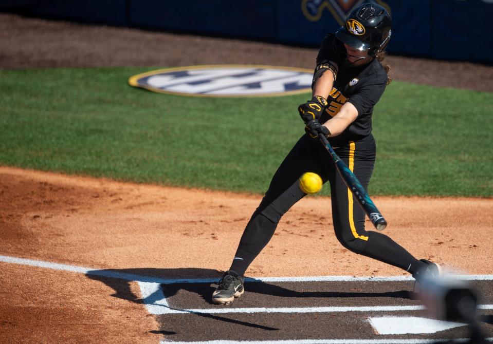 Missouri Tigers infielder Jenna Laird (3) swings at the ball as Florida Gators and Missouri Tigers face of in the SEC softball tournament championship game at Jane B. Moore Field in Auburn, Ala., on Saturday, May 11, 2024.