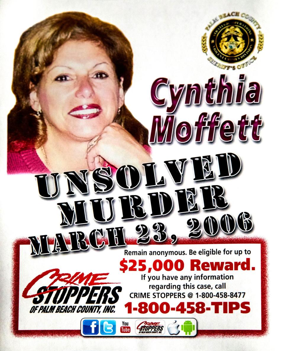 A flyer offering a reward for information in the murder of Cynthia Moffett provided by PBSO at a press conference noting the anniversary of the murders of Randi Gorenberg and Moffett Thursday, March 23, 2017. The two Palm Beach County women were killed on March 23, one year apart. The murderers have never been found.