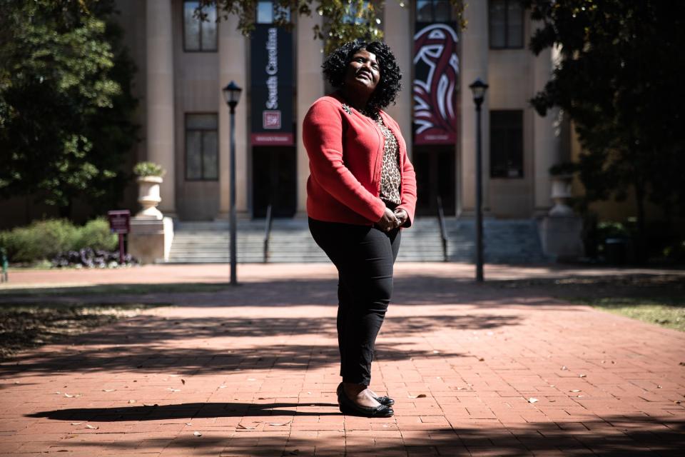 Nikki Wooten stands on the University of South Carolina campus in Columbia, South Carolina, on March 11, 2020. Wooten has researched heath disparities among racial and ethnic minorities and women in the U.S. military.