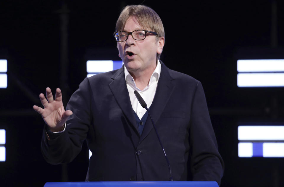 FILE - President of the Alliance of Liberals and Democrats for Europe, Guy Verhofstadt, speaks in the hemicycle of the European Parliament in Brussels, on May 26, 2019. While 27 nations with often inefficient individual defense programs have left western Europe at the mercy of U.S. goodwill for much of the past half century, Verhofstadt wants a full defense union to stave off a belligerent Russia, and anticipate a non-committal United States if Donald Trump becomes president in November. (AP Photo/Olivier Matthys, File)