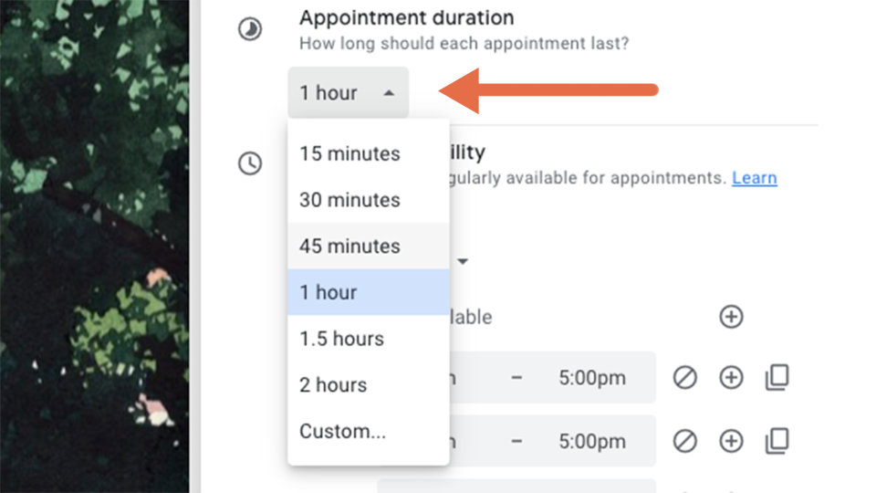 Screen showing meeting length options for Appointment scheduling on google calendar