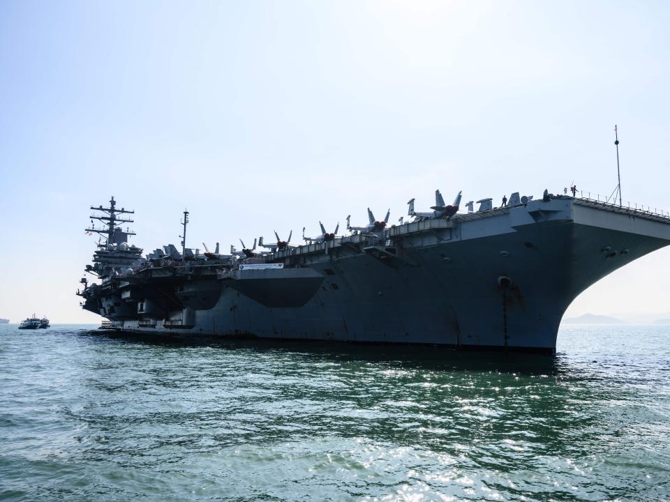 The USS Ronald Reagan (CVN-76) aircraft carrier is seen during a port visit in Hong Kong on November 21, 2018.