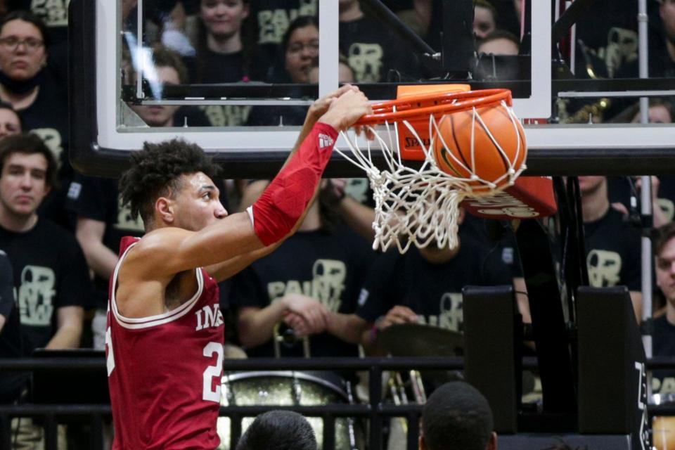 Indiana forward Trayce Jackson-Davis (23) dunks during the second half of an NCAA men's basketball game, Saturday, March 5, 2022 at Mackey Arena in West Lafayette.