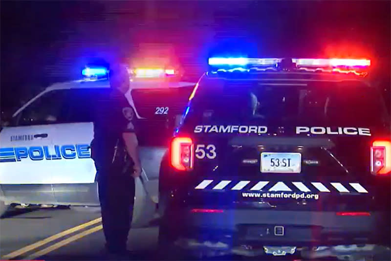 Stamford police investigate the scene of a car accident in Stamford, Conn., on July 26, 2023. (NBC Connecticut)