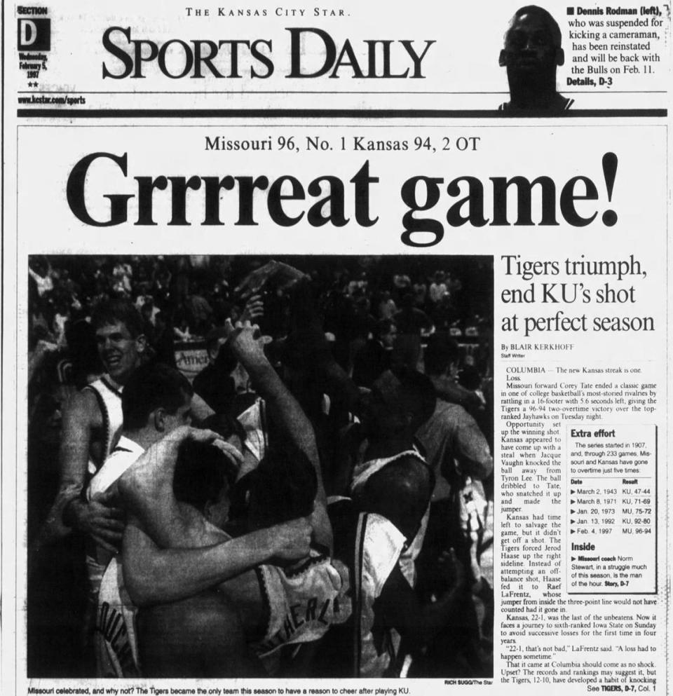 The Kansas City Star sports section on Feb. 5, 1997, the day after Missouri men’s basketball beat No. 1-ranked Kansas.