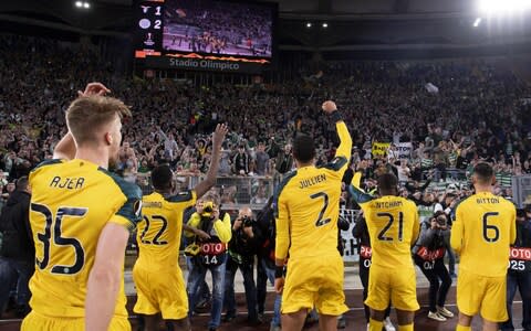 Celtic's players celebrate the victory with their supporters after the UEFA Europa League group E soccer match between SS Lazio and Celtic FC, at Olimpico stadium in Rome, Italy, 7 November 2019. Lazio - Credit: REX