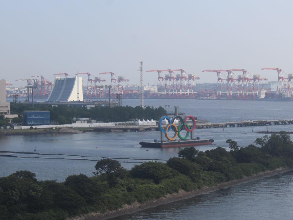 Olympic rings floating in the water in Tokyo