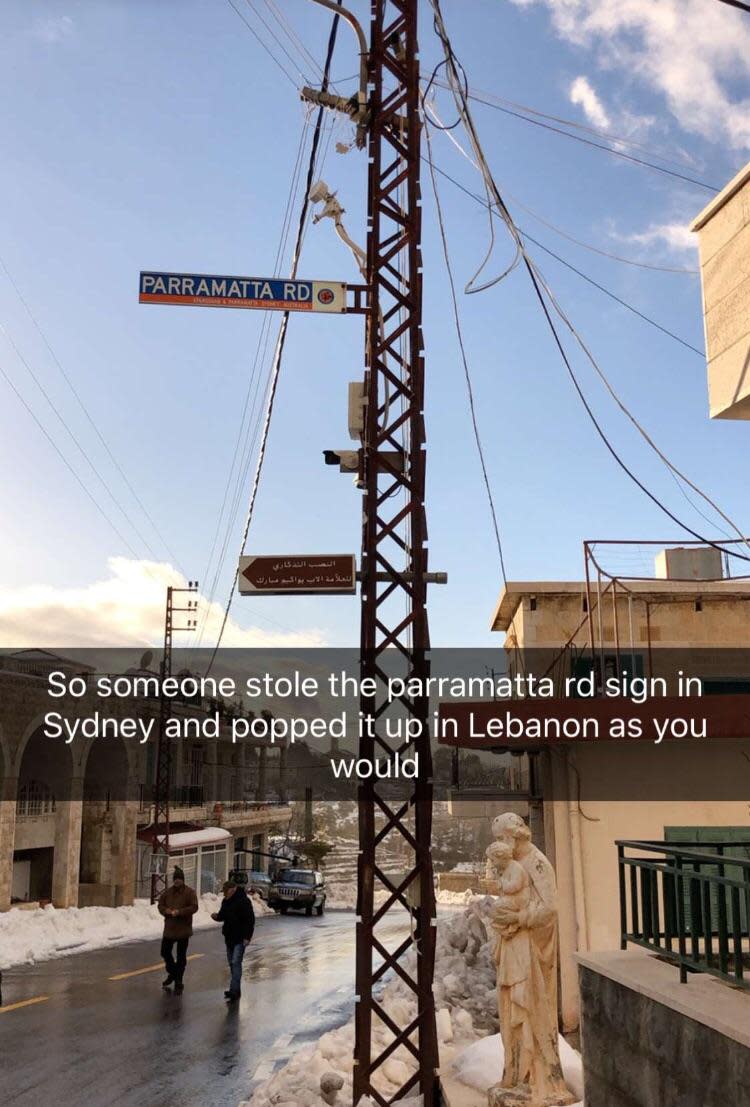 The Parramatta Road sign was spotted in the mountain village of Kfarsghab. Image: Reddit/Mantello90