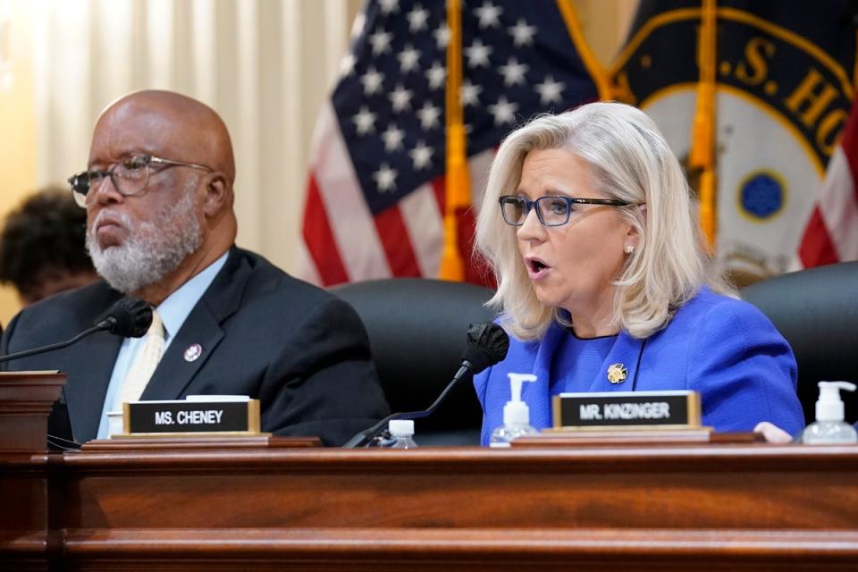 Vice Chair Liz Cheney, R-Wyo., gives her opening remarks as Committee Chairman Rep. Bennie Thompson, D-Miss., left, looks on, as the House select committee investigating the Jan. 6 attack on the U.S. Capitol holds its first public hearing to reveal the findings of a year-long investigation, at the Capitol in Washington, Thursday, June 9, 2022. (AP Photo/J. Scott Applewhite) (AP)