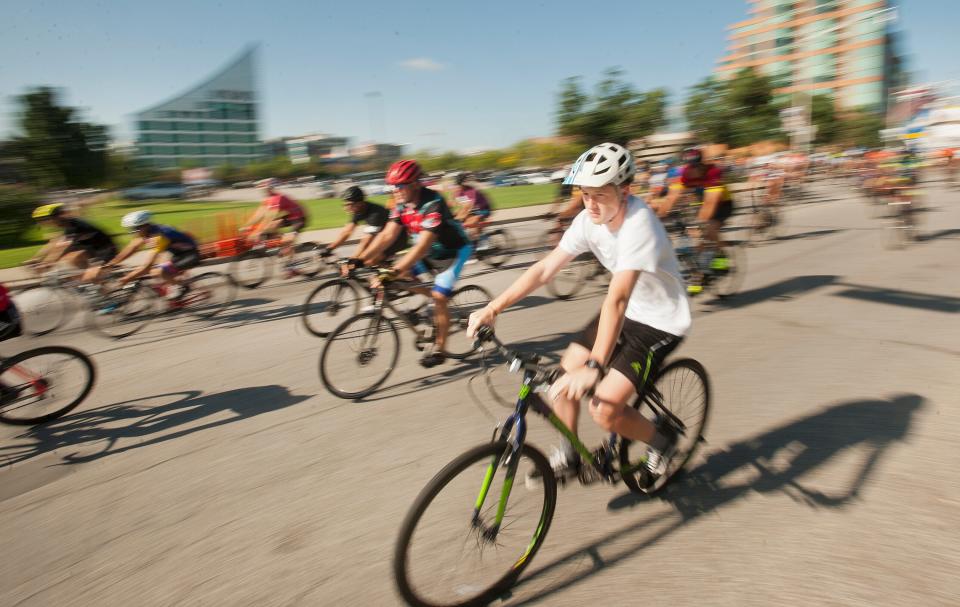 Bicyclists start on the 13.5 mile route of Louisville's 15th annual Labor Day "Hike, Bike & Paddle" event.
Over 7,500 cyclists were expected to participate in Louisville, Ky. on Sept. 2, 2019.