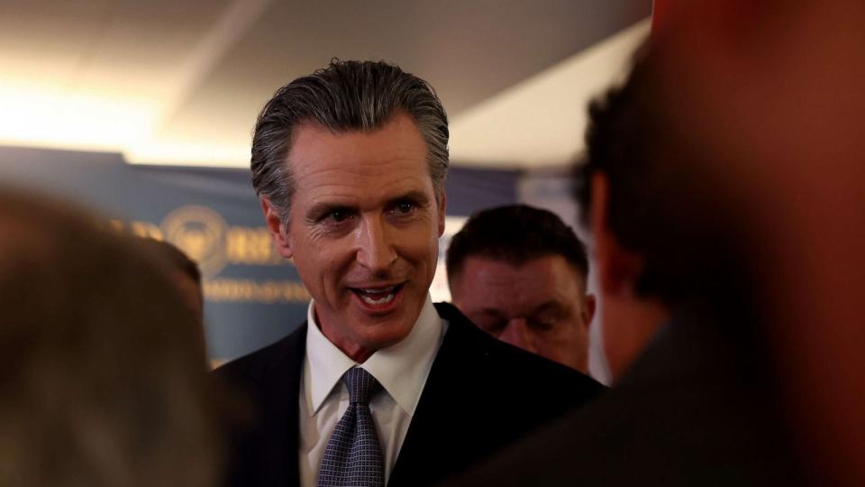 California Gov. Gavin Newsom talks to reporters in the spin room following the FOX Business Republican Primary Debate at the Ronald Reagan Presidential Library on September 27, 2023 (Mario Tama/Getty Images)