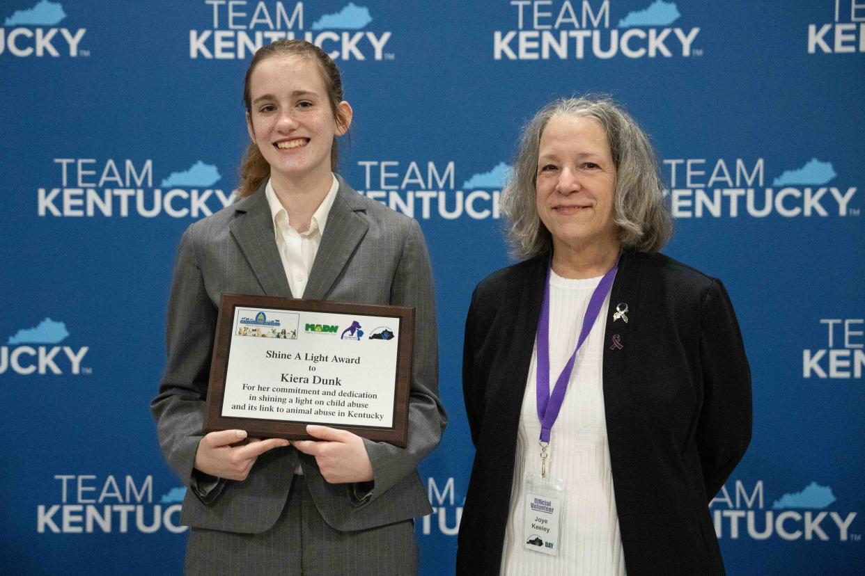 Kiera Dunk poses with former LMPD lieutenant Joyce Keeley who presented her the “Shine a Light Award” on Thursday, March 14, 2024 at the State Capitol.