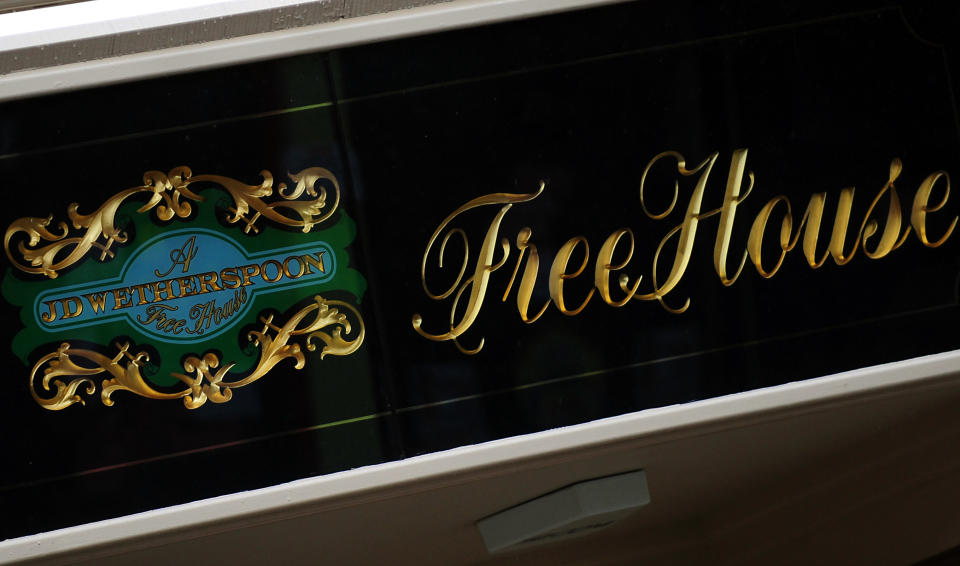 JD Wetherspoon logo outside The Lord Burton pub in Burton on Trent, Staffordshire.   (Photo by Rui Vieira/PA Images via Getty Images)